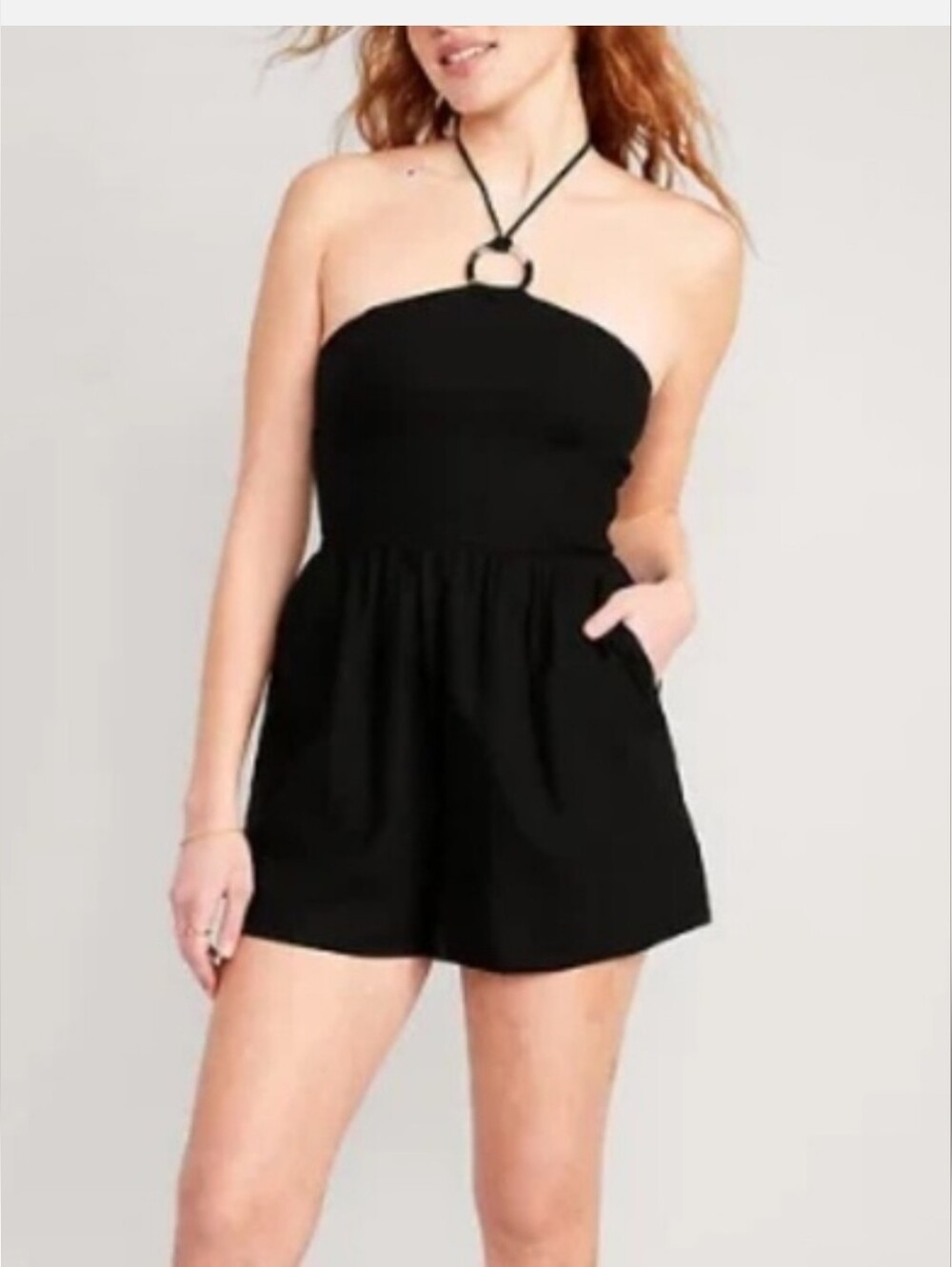 OLD NAVY Wms Linen- Blend O-Ring With Pockets Black Strapless Halter Romper XL